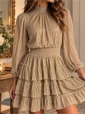 Small | Sam & Jess | Gold Metallic Tiered Ruffle Mini Dress